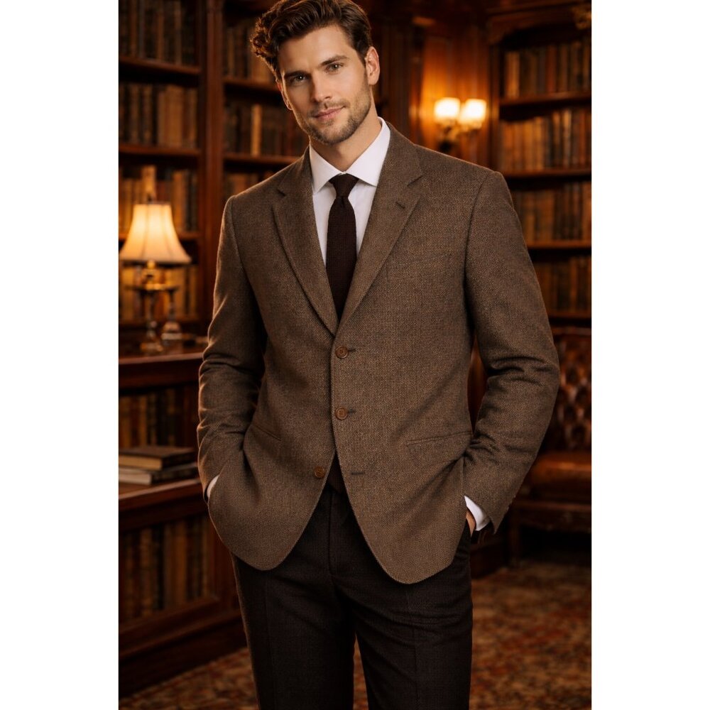 VTG Hugo Boss Mens Brown Wool Tweed 3-Button Blazer Einstein 46R Ventless USA